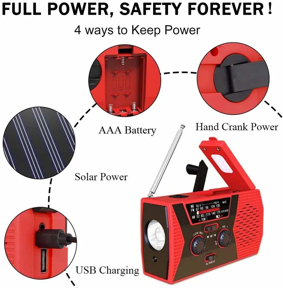 Emergency Flashlight Am FM Wb Solar Powered Radio Hand Crank with Mobile Charging 2000mAh Battery for Camping Walkman