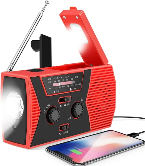 Torcia di emergenza AM FM Wb Radio ad energia solare Manovella con ricarica mobile Batteria da 2000 mAh per Walkman da campeggio